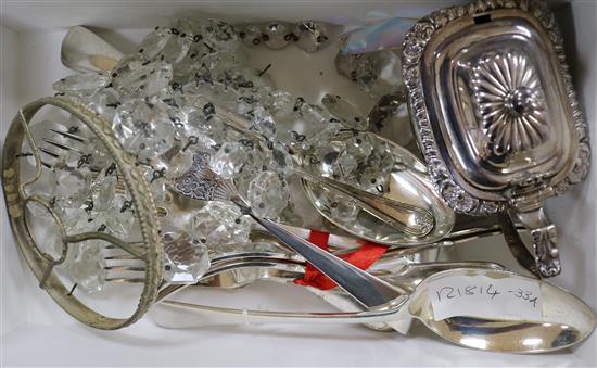 A quantity of silver plated cutlery, a bag chandelier, etc.